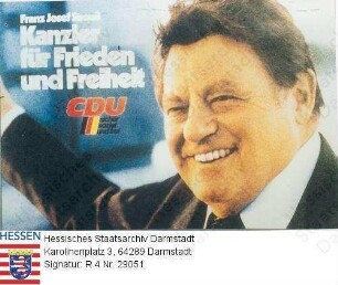 Deutschland (Bundesrepublik), 1980 Oktober 5 / Wahlplakat der CDU (Christlich-Demokratische Union) zur Bundestagswahl am 5. Oktober 1980 / Porträtfoto von Franz Josef Strauß, winkend, vor blauem Hintergrund