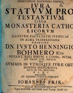 Dissertatione inaugurali iuridica iura statuum protestantium circa monasteria catholicorum