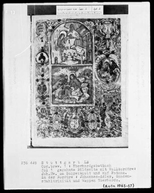 Das Eberhardgebetbuch — Doppelminiatur gerahmt von einer Vollbordüre, Folio 1recto
