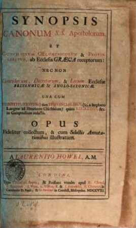 Synopsis canonum SS. Apostolorum et conciliorum oecumenicorum et provincialium ab ecclesia graeca receptorum ...