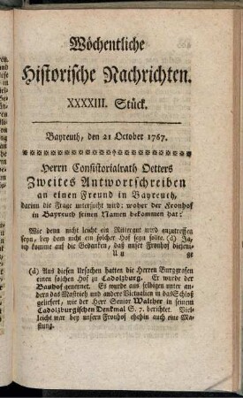 XXXXIII. Stück. Bayreuth, den 21 October 1767.