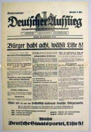 Sonderausgabe der Wochenzeitung "Deutscher Aufstieg" zur Reichstagswahl am 6. November 1932