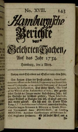 No. XVIII. Hamburg, den 2 Mertz. - No. XXVI. Hamburg, den 30 Mertz.