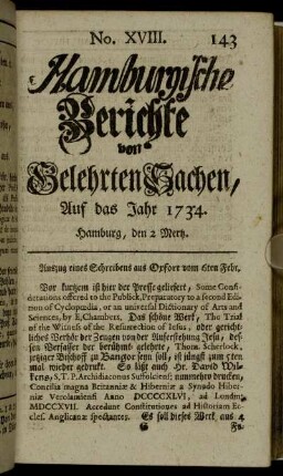 No. XVIII. Hamburg, den 2 Mertz. - No. XXVI. Hamburg, den 30 Mertz.