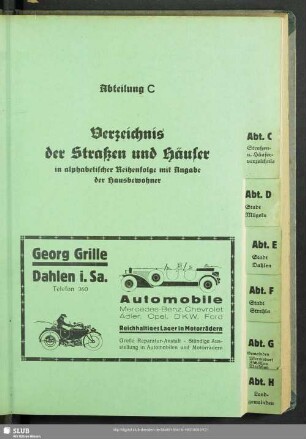 Abteilung C. Stadt Oschatz Häuserbuch : Abteilung C. Verzeichnis der Straßen und Häuser in alphabetischer Reihenfolge mit Angabe der Hausbewohner