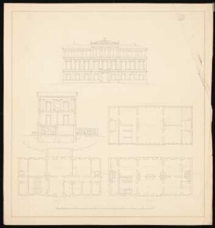 Dreigeschossiges Schloss im klassizistischen Stil mit neunachsiger Fassade: Ansicht, Grundriss Erd- und Obergeschosse