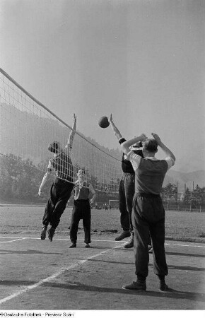 Zwei springende Volleyballspieler am Netz auf dem Spielfeld der Sportschule