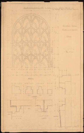 Konzerthaus, Breslau Umbau: Holzgitter in der Orgelwand, Konstruktionsschema, Details, Schnitte 1:1
