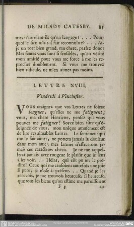 Lettre XVIII. Vendredi à Vinchester