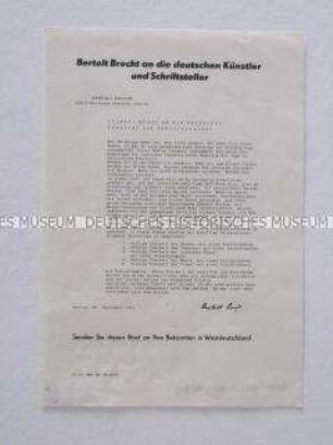 Flugblatt mit dem Wortlaut eines "Offenen Briefes" von Bertolt Brecht zum Versand in die Bundesrepublik