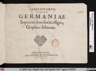 Titelblatt zu Praecipuarum urbium Germaniae superioris Iconismi & effigies, graphice delineatae.