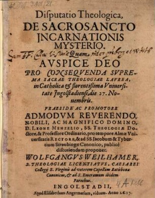 Disputatio Theologica De Sacrosancto Jncarnationis Mysterio