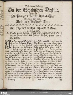 Besonderer Anhang Zu der Schadischen Postille, Bestehend In Predigten über die Apostel-Tage, Ingleichen über einige Buß- und Passions-Texte