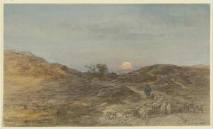 Hohlweg mit Schafherde bei Sonnenuntergang