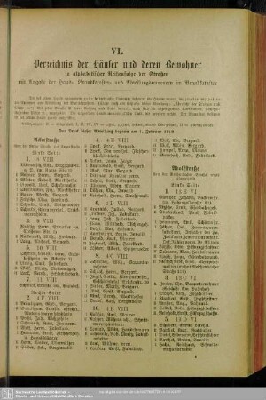 VI. Häuserbuch : VI. Verzeichnis der Häuser und derer Bewohner in alphabetischer Reihenfolge der Straßen