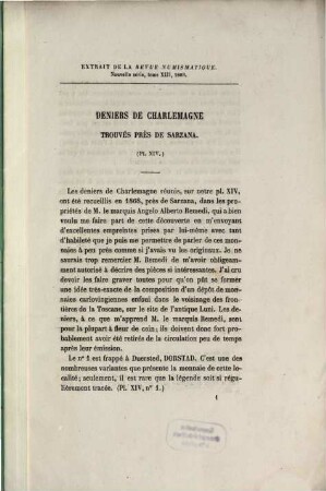 Deniers de Charlemagne Trouvés près de Sarzana : (Pl. XIV) ; Extrait de la Revue Numismatique. Nouvelle série, tome XIII, 1868
