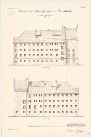 Zellengefängnis, Düsseldorf Frauengefängnis: Westansicht, Ostansicht 1:100