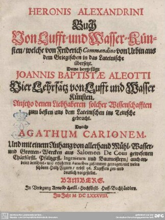 Heronis Alexandrini Buch Von Lufft- und Wasser-Künsten