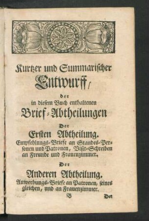 Kurtzer und Summarischer Entwurff, der in diesem Buch enthaltenen Brief-Abtheilungen