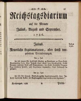 Reichstagsdiarium auf die Monate Julius, August und September 1786.