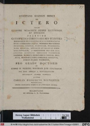 Dissertatio Solemnis Medica De Ictero