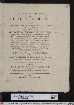 Dissertatio Solemnis Medica De Ictero
