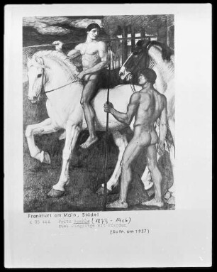 Zwei nackte Männer mit Pferden