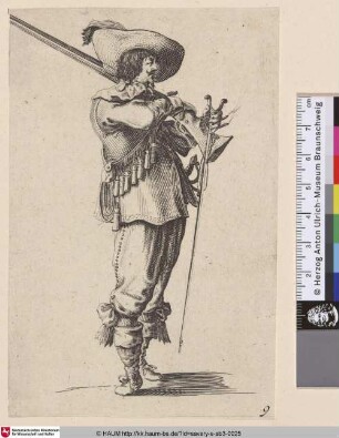 [Soldat nach rechts gewandt mit Muskete auf seiner linken Schulter und Musketengabel in linker Hand; Soldier turned to right with musket on left shoulder and holding musket support in left hand]