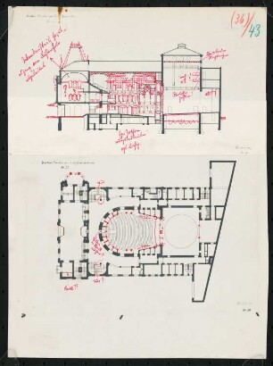 Theater am Schiffbauerdamm (auch: Neues Theater, Berliner Ensemble), Berlin: Grundriss und Längsschnitt
