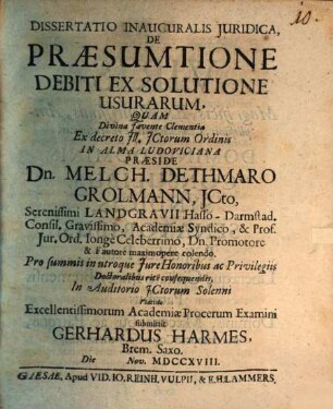 Diss. inaug. iur. de praesumtione debiti ex solutione usurarum