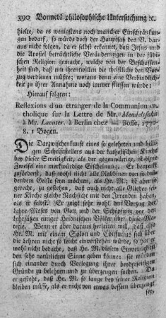 Reflexions d'un etranger de la communion catholique sur la lettre de Mr. Mendelssohn à Mr. Lavater.