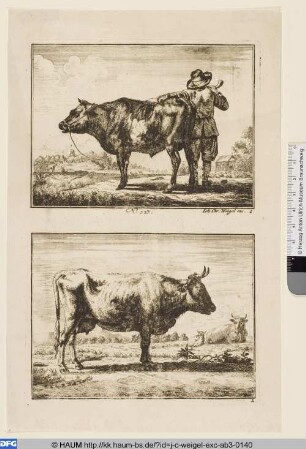 Oben: Bauer mit Rind, Rückenfigur; Unten: Kuh auf Weide