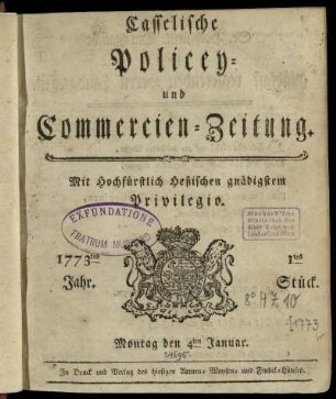1tes Stueck, Montag den 4ten Januar 1773