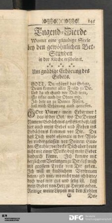 Tugend-Zierde Womit eine glaubige Seele bey den gewöhnlichen Bet-Stunden in der Kirche erscheinet.