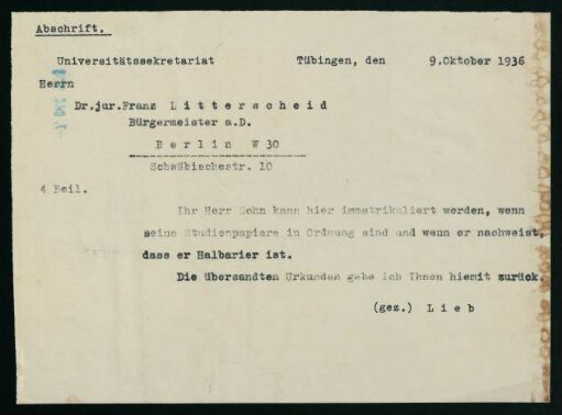 Immatrikulationsgesuch (Oktober 1936)