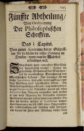 Fünfte Abtheilung/ Von Ordinierung Der Philosophischen Schriften.