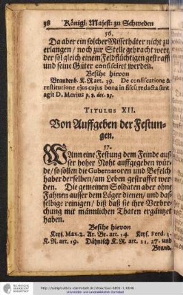 Titulus XII. Von Auffgeben der Festungen