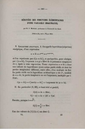 Dérivées des fonctions élémentaires d´une variable imaginaire.