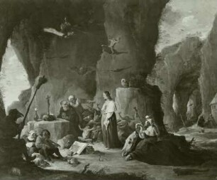Die Versuchung des heiligen Antonius in der Felsengrotte : Teniers, David : Die Versuchung des heiligen Antonius in der Felsengrotte. Öl auf Kupfer; 69 x 86 cm. Dresden: Gemäldegalerie Alte Meister 1082. Aufnahme Berlin 1955