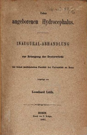Ueber angeborenen Hydrocephalus : Inaug. Abh.