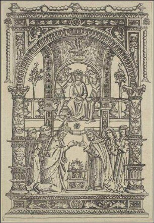 Reich ausgeschmückte Ädikula mit der Darstellung der Dornenkrönung (oben) und des heiligen Ludwig IX., der dem Bischof von Vicenza Bartolomeo de Bragantiis eine Dorne der Krone überbringt