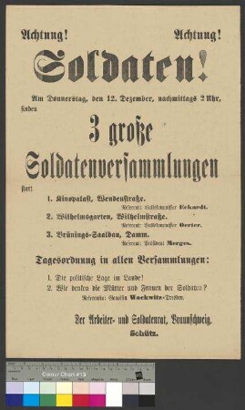 Ankündigung des Arbeiter- und Soldatenrates Braunschweig zu drei öffentlichen Soldatenversammlungen am 12. Dezember 1918 in Braunschweig