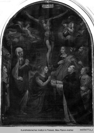 Kreuzigung Christi mit der Jungfrau Maria, der Heiligen Maria Magdalena, Johannes Evangelista, dem Heiligen Domenikus und anderen Heiligen - Madonna del Rosario