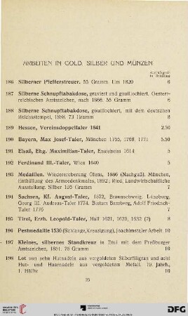 Arbeiten in Gold, Silber und Münzen (Nr. 186-215)
