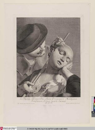 Darstellung eines Mannes, der mit einem feinen, spitzen Gegenstand eine schlafende Frau, die ihren Kopf auf ihre Hand gestützt hat, an der Stirn zaghaft berührt und dessen Augenpartie von der Hutkrempe verdeckt werden.