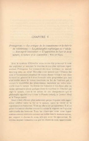 Chapitre V. Protagoras. - La critique de la connaissance et la théorie du relativisme ...
