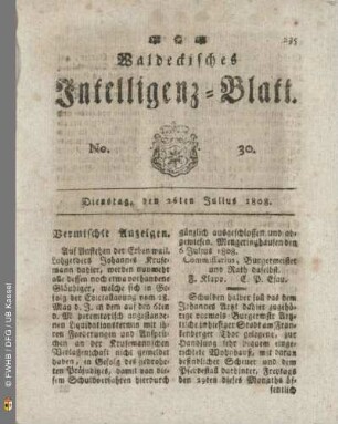 No. 30. Dienstag, den 26ten Julius 1808