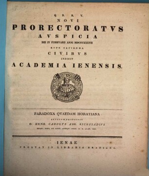 Novi prorectoratus auspicia ... rite capienda civibus indicit Academia Ienensis. 1837