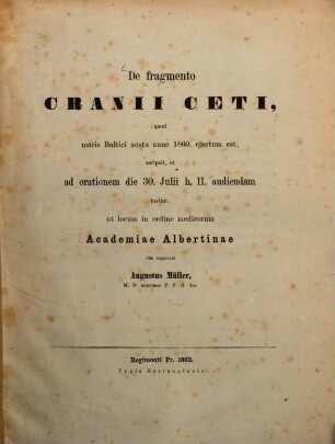 De fragmento cranii ceti, quod maris Baltici aestu anno 1860. ejectum est