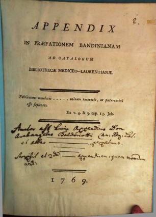 Appendix in Praefationem Bandinianam ad Catalogum Bibliothecae Mediceo-Laurentianae